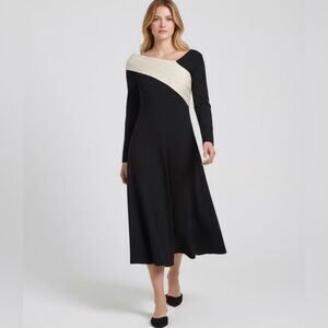 Dalia MacPhee Cream Asymmetrical Cable Knit Neck Black Midi Sweater Dress M NWT
